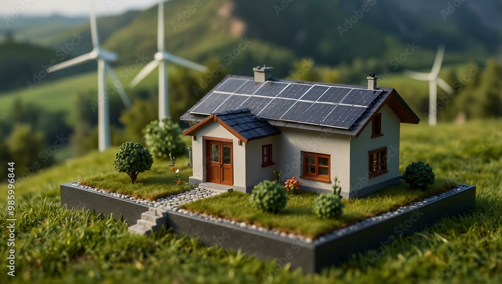 Miniature house with solar panels and wind turbine in a green landscape. Miniature house with solar panels and wind turbine in a green landscape.