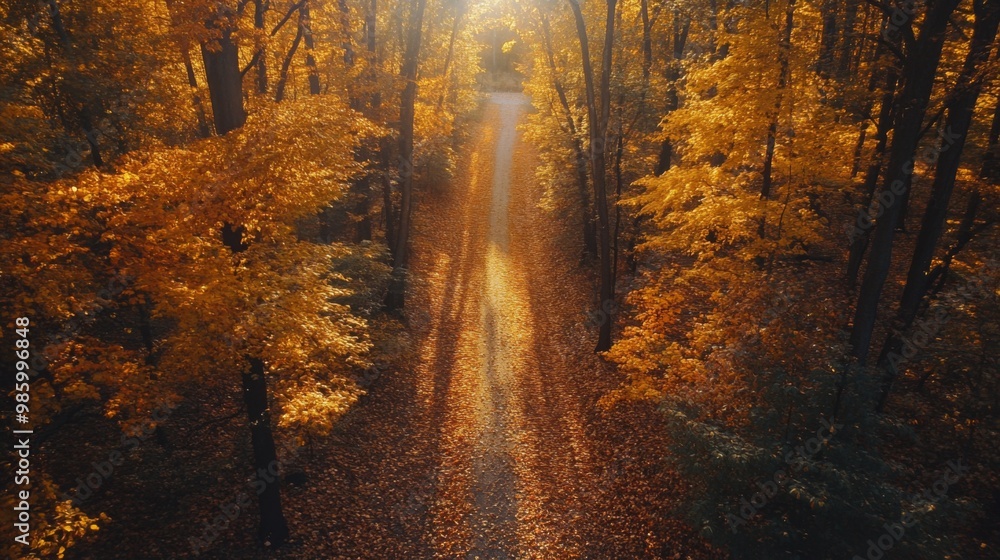 Aerial View of a Path Through a Forest in Autumn Aerial View of a Path Through a Forest in Autumn