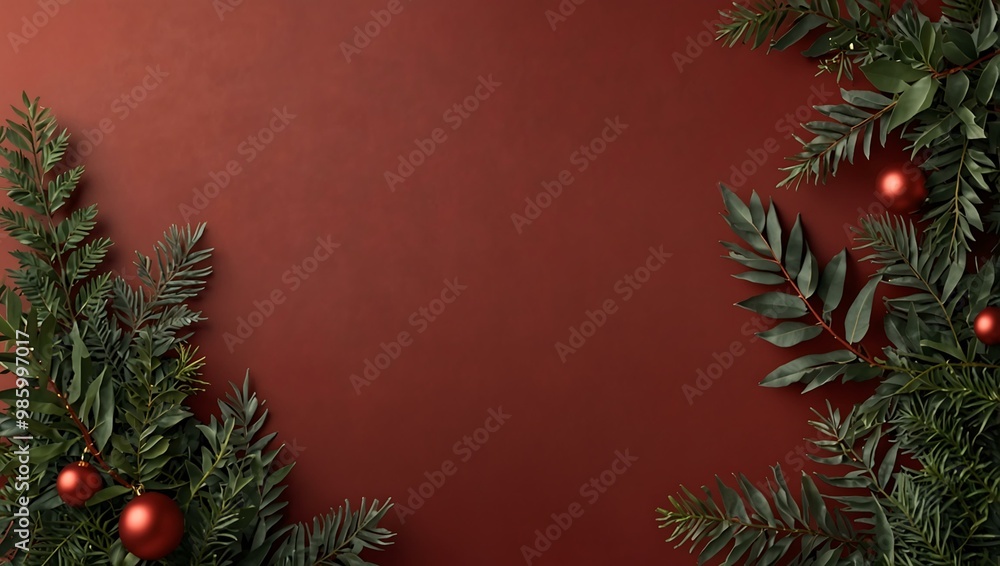Minimal holiday frame with Christmas foliage on a red background. Minimal holiday frame with Christmas foliage on a red background.