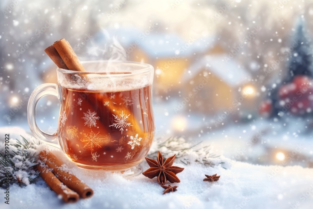 a cozy close-up of a mug of hot spiced wine with cinnamon sticks and star anise, set on a snowy italian terrace with festive decorations illustration a cozy close-up of a mug of hot spiced wine with cinnamon sticks and star anise, set on a snowy italian terrace with festive decorations illustration