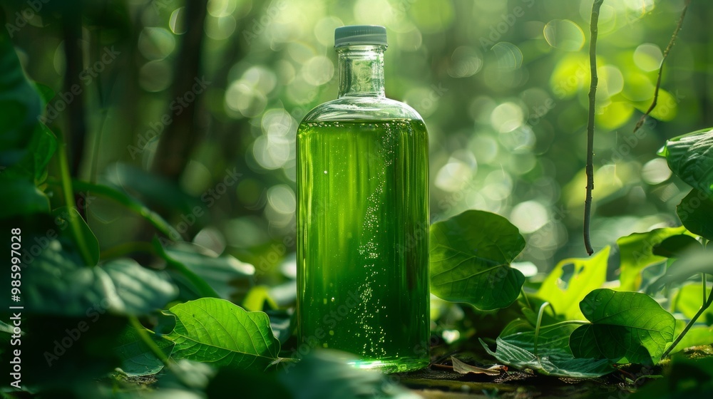 Green glass bottle in lush forest foliage background showcasing organic eco friendly and natural liquid product concept Green glass bottle in lush forest foliage background showcasing organic eco friendly and natural liquid product concept