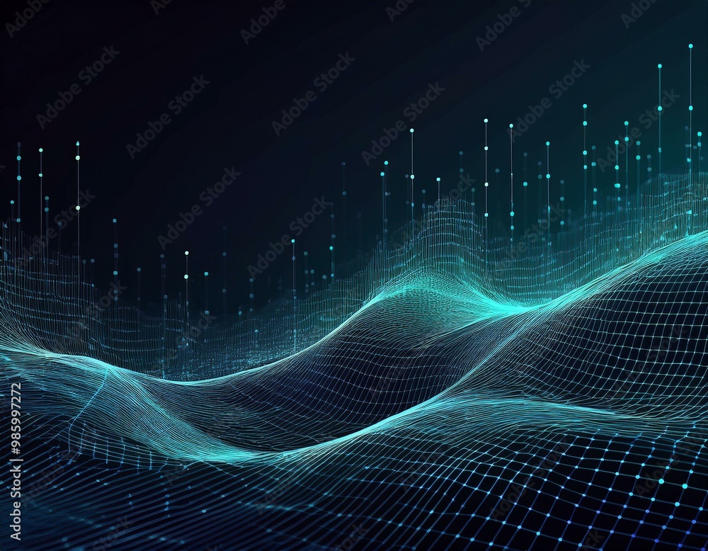Data technology illustration. Abstract futuristic background. Wave with connecting dots and lines on dark background. Wave of particles. Data technology illustration. Abstract futuristic background. Wave with connecting dots and lines on dark background. Wave of particles.