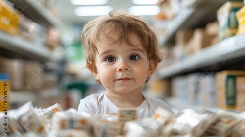 A baby, appearing thoughtful, is captivated by organized products in a grocery aisle, capturing wonder and curiosity within a well-lit store environment.
