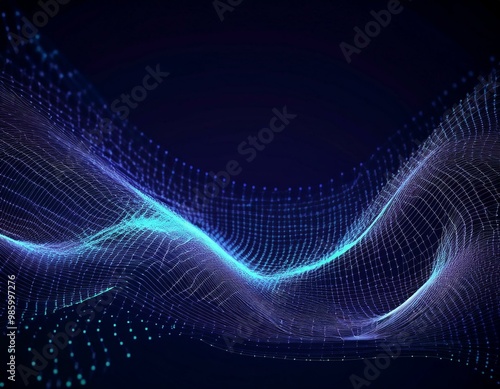 Data technology illustration. Abstract futuristic background. Wave with connecting dots and lines on dark background. Wave of particles.