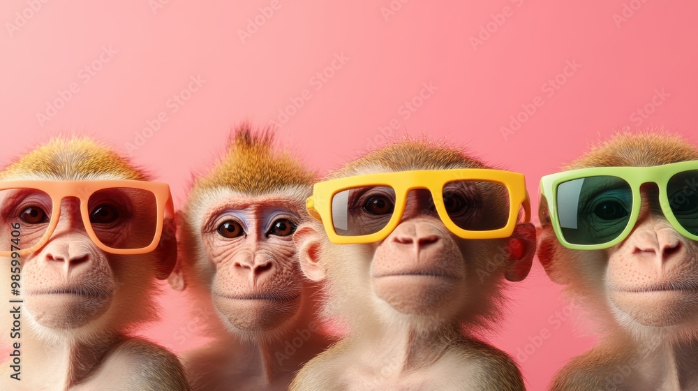 Playful image featuring three monkeys showcasing their vibrant sunglasses, set against a striking pink background, highlighting fashion and whimsy. Playful image featuring three monkeys showcasing their vibrant sunglasses, set against a striking pink background, highlighting fashion and whimsy.