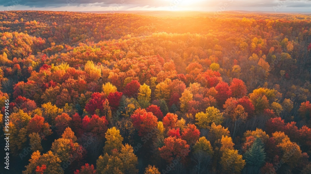 Aerial View of a Forest During Autumn with a Golden Sunset Aerial View of a Forest During Autumn with a Golden Sunset