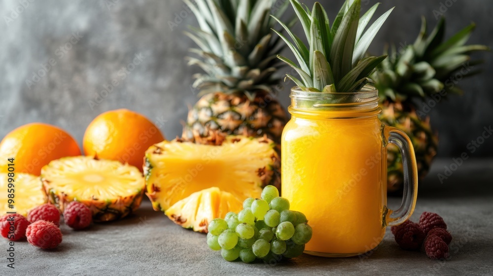 Tasty pineapple juice in mason jar and fresh fruits on grey textured table, closeup. Space for text Tasty pineapple juice in mason jar and fresh fruits on grey textured table, closeup. Space for text