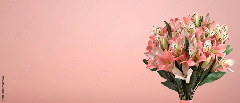 A beautiful bouquet of pink lilies against a soft pink background, perfect for celebrations and special occasions. A beautiful bouquet of pink lilies against a soft pink background, perfect for celebrations and special occasions.