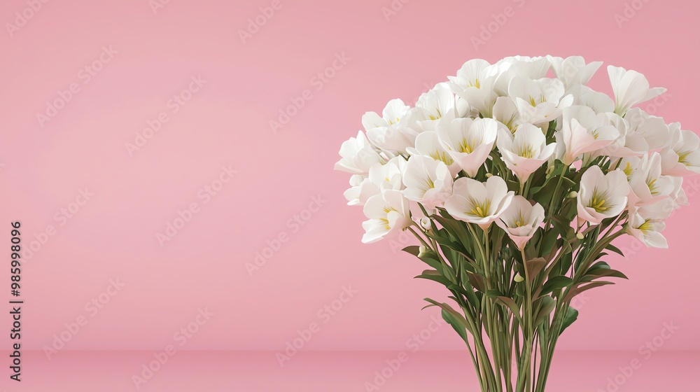 A beautiful bouquet of white flowers against a soft pink background, perfect for spring or celebration themes. A beautiful bouquet of white flowers against a soft pink background, perfect for spring or celebration themes.