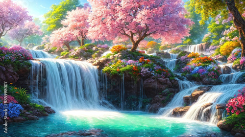 Paradise garden full of flowers, beautiful idyllic background with many flowers in Eden.