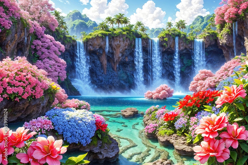 A beautiful paradise land full of flowers, rivers and waterfalls, a blooming and magical idyllic Eden garden.