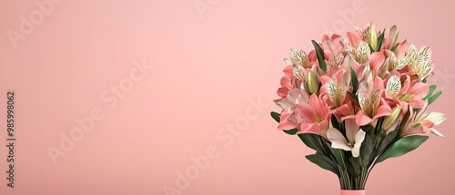 A beautiful bouquet of pink lilies against a soft pink background, perfect for celebrations and special occasions.