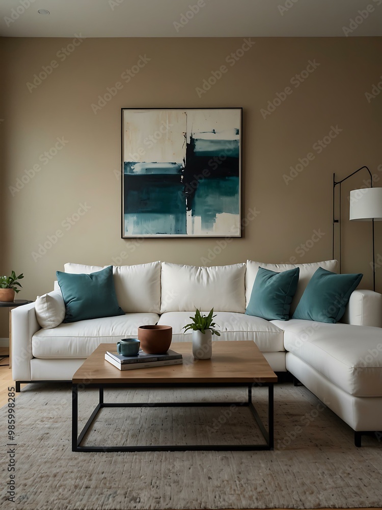 Minimalist modern living room with a white sofa and teal pillows against a beige wall. Minimalist modern living room with a white sofa and teal pillows against a beige wall.