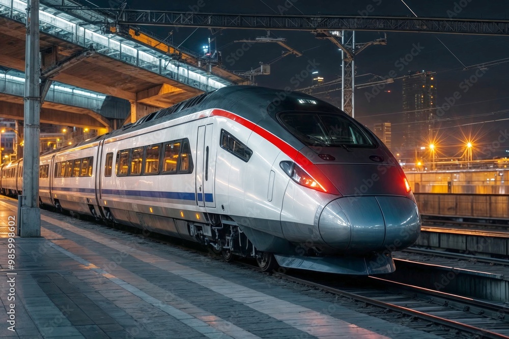 Fototapeta premium High-speed silver train with red and blue stripes is parked at a train station at night. The train is long and has many windows. The station is lit up at night, creating a moody atmosphere
