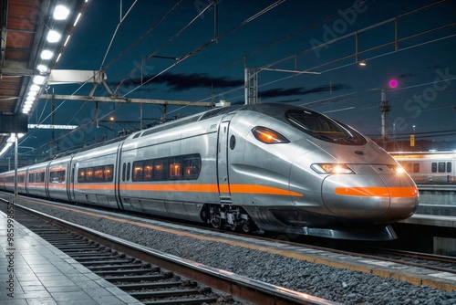 High-speed silver train with orange stripes is on the tracks at night. The train is moving and is surrounded by a dark sky