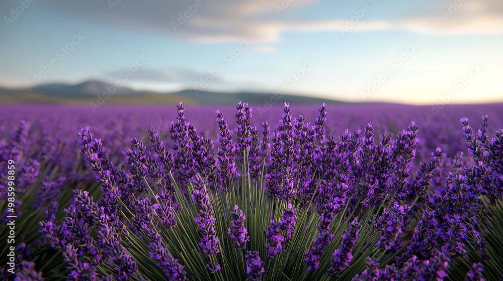 Naklejka premium A serene lavender field under a gentle sky, showcasing vibrant purple flowers swaying in the breeze, perfect for calming imagery.