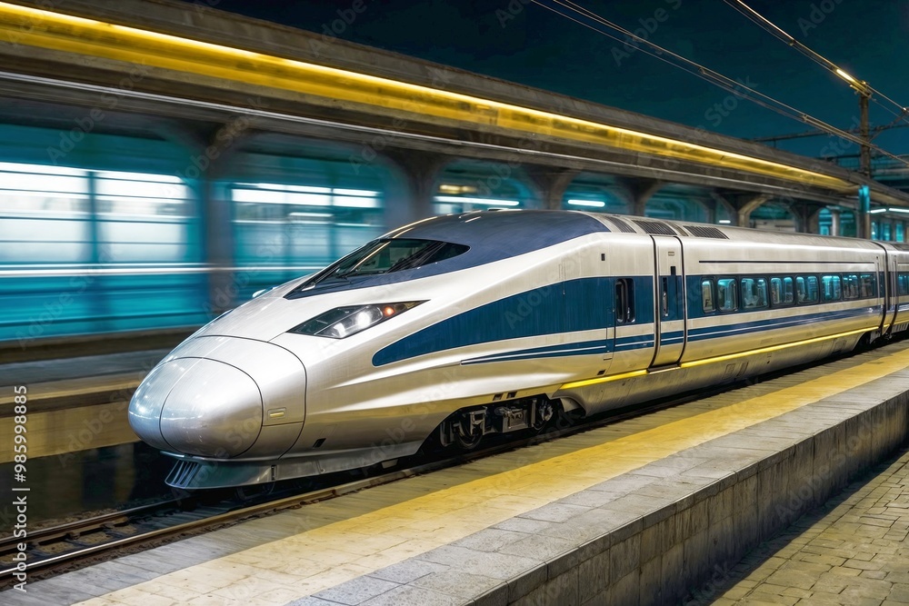 Fototapeta premium A silver train is traveling down the tracks at night. The train is long and sleek, with a bright blue stripe running down the side. The train is surrounded by a yellow line