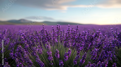 A serene lavender field under a gentle sky, showcasing vibrant purple flowers swaying in the breeze, perfect for calming imagery.