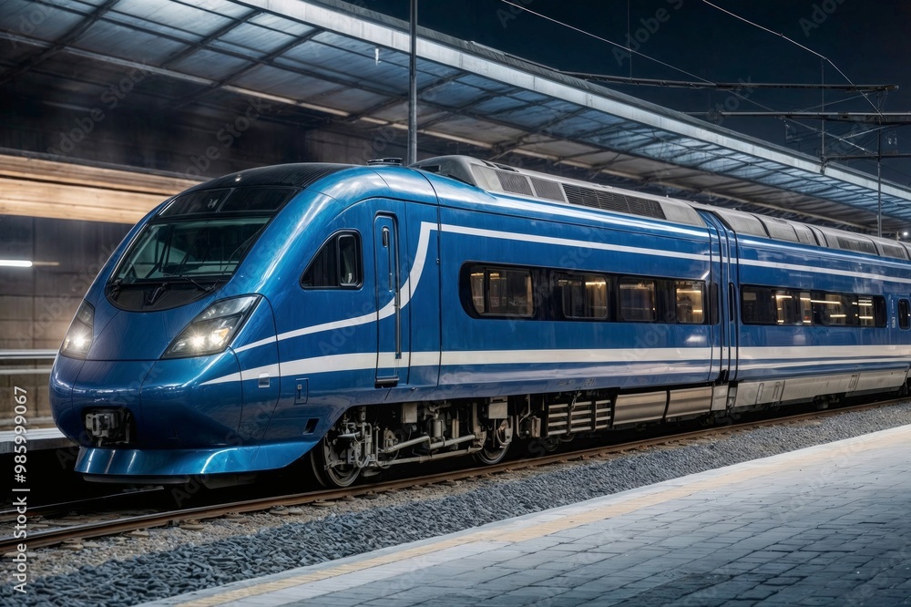 High-speed blue train is on the tracks at night. The train is moving and has a bright light on the front