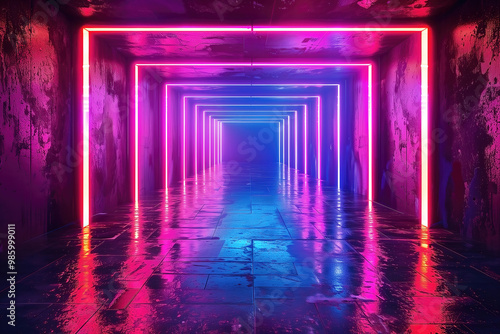 Abstract futuristic background, pink blue neon lights gate photo