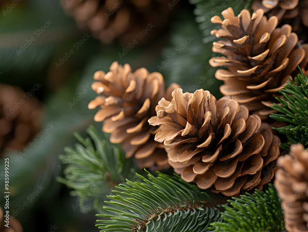 Close-up of a holiday wreath with pinecones.
Close-up of a holiday wreath with pinecones.