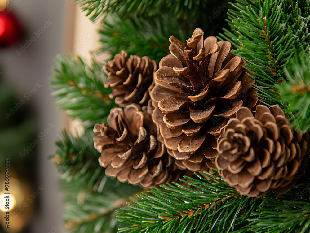 Close-up of a holiday wreath with pinecones.
Close-up of a holiday wreath with pinecones.