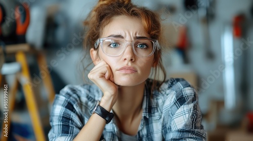 A glasses-wearing woman sits in a garage, lost in thought, suggesting contemplation and introspection in a setting surrounded by tools and DIY possibilities. photo