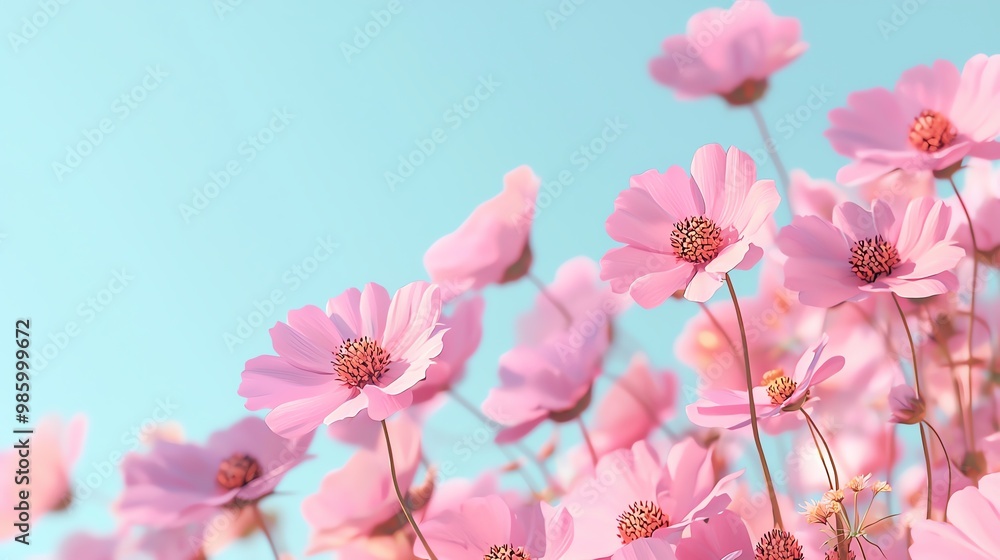 A vibrant display of pink flowers against a soft blue sky, creating a serene and uplifting atmosphere in nature. A vibrant display of pink flowers against a soft blue sky, creating a serene and uplifting atmosphere in nature.