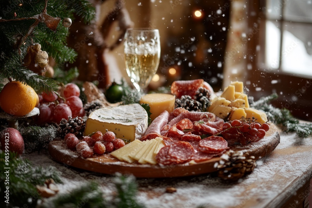 a cozy scene with a holiday-themed charcuterie board filled with cheeses, meats, and winter fruits, set on a snowy table in a portuguese home a cozy scene with a holiday-themed charcuterie board filled with cheeses, meats, and winter fruits, set on a snowy table in a portuguese home
