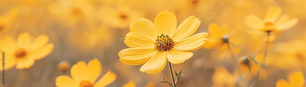 Obraz premium A vibrant field of yellow flowers blooming in sunlight, capturing the essence of nature's beauty and tranquility.