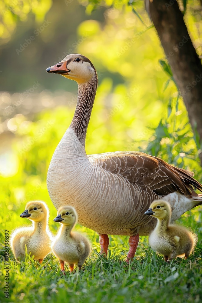 goose with goslings on green grass. Selective focus goose with goslings on green grass. Selective focus