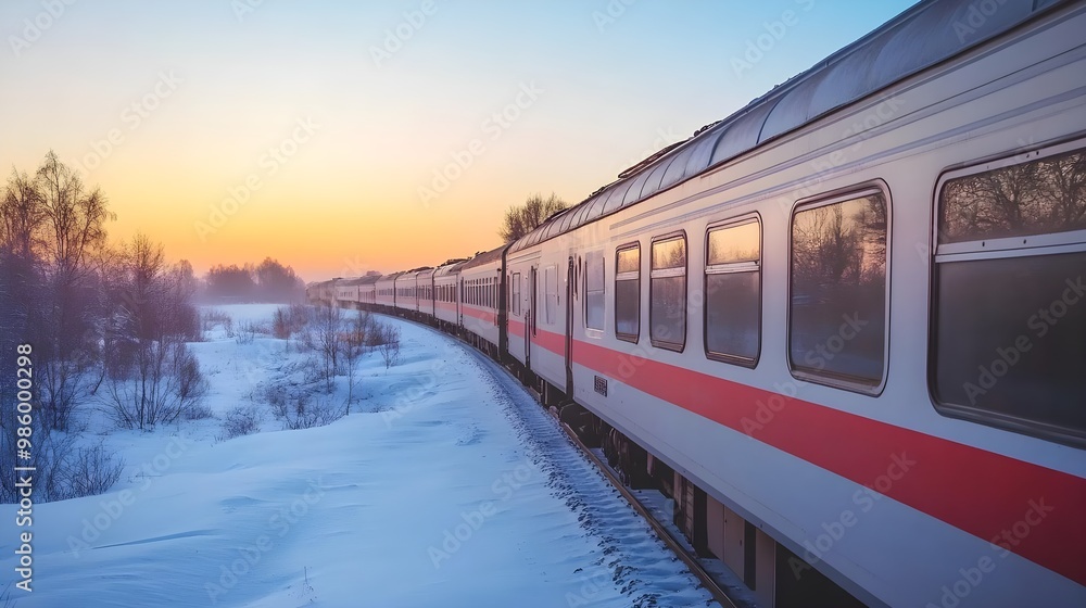 Naklejka premium Train traveling through snowy landscape at sunset