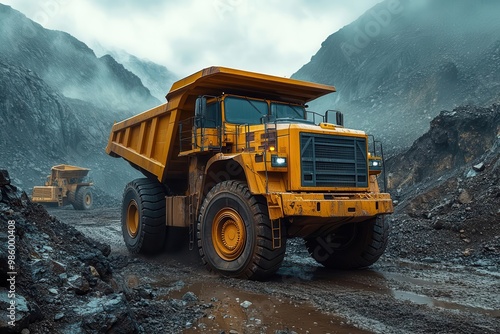 massive mining truck traversing rugged terrain surrounded by industrial equipment conveying scale of openpit mining operations photo