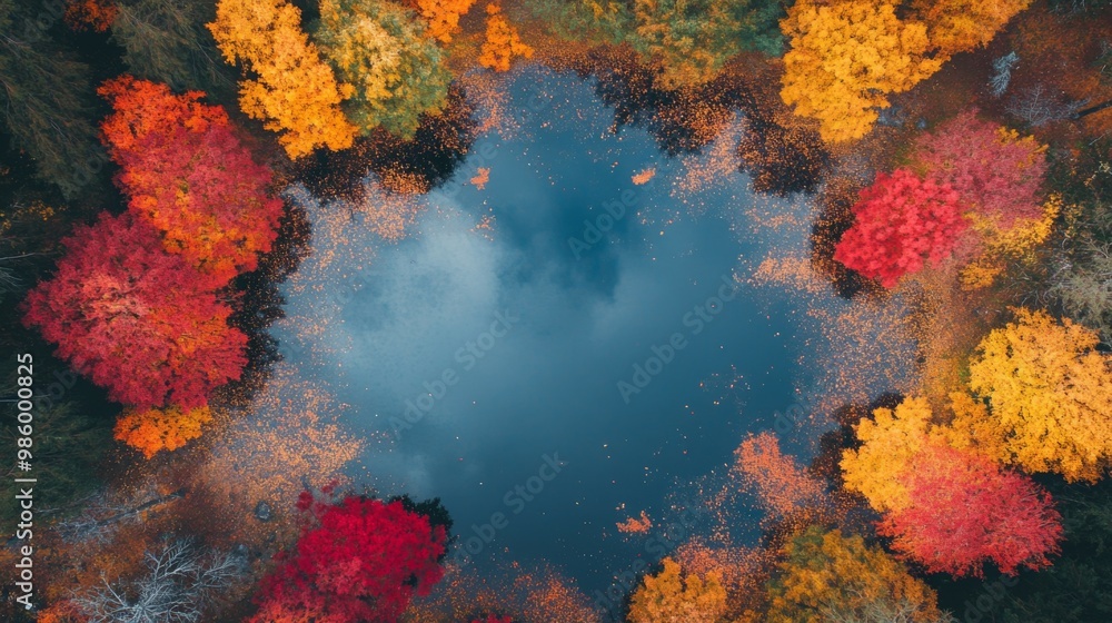 Aerial View of Autumn Forest with a Pond in the Center Aerial View of Autumn Forest with a Pond in the Center