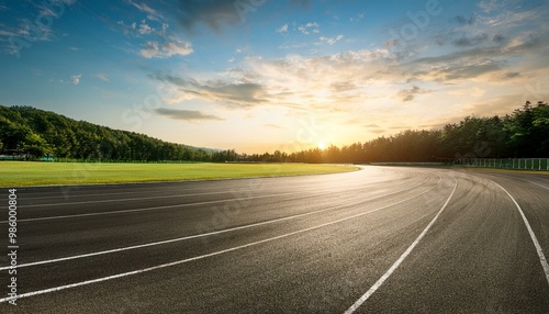 Empty race track and green woods nature landscape at sunset