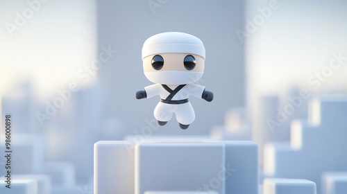 Playful ninja character jumping between city blocks, vibrant and whimsical design perfect for children's content.