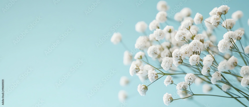 Fototapeta premium Delicate white flowers on a soft blue background, perfect for backgrounds, invitations, or botanical themes.