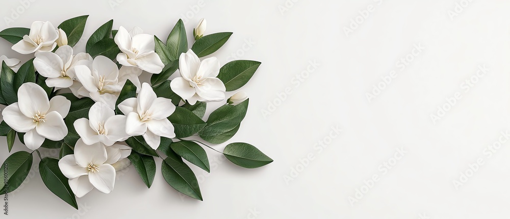 Obraz premium Elegant white flowers with green leaves arranged on a pale background, perfect for floral designs and nature themes.
