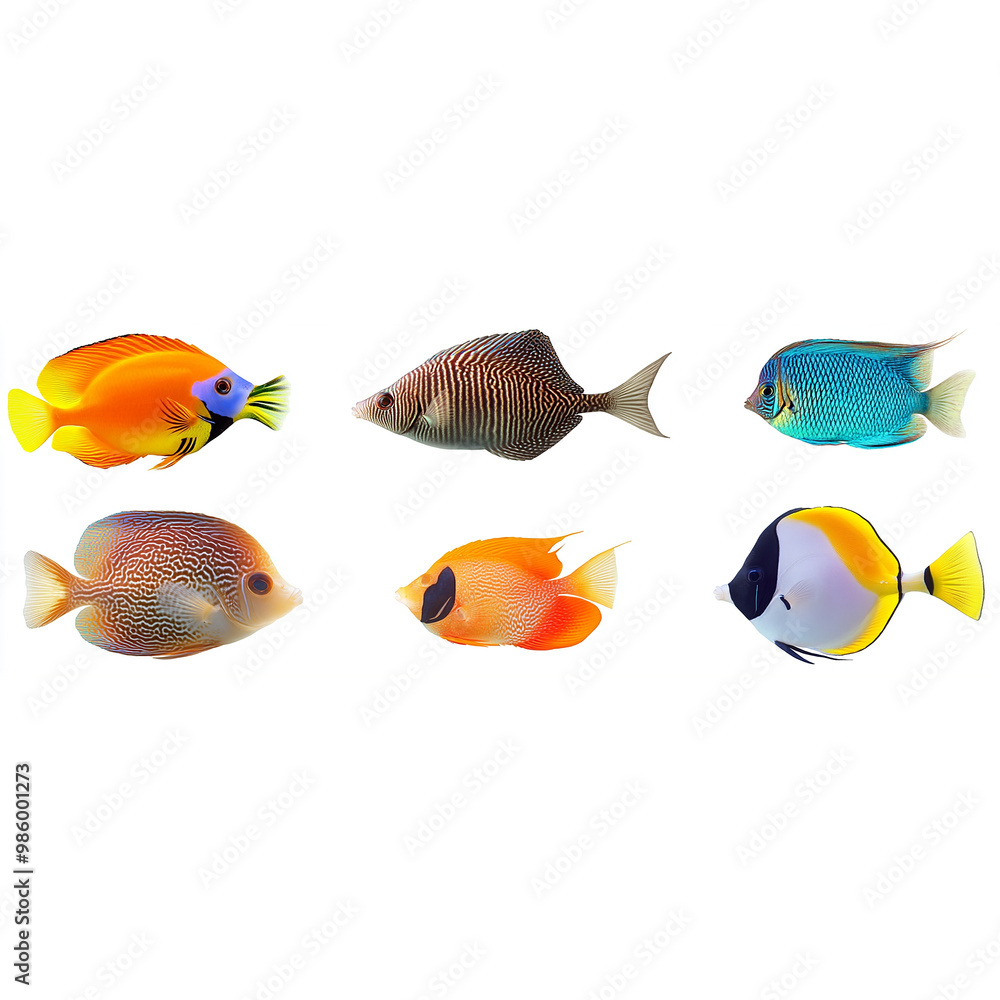 Fototapeta premium A collection of tropical fish isolated on a white background, with vibrant colors