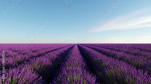 Stunning lavender field stretching into the horizon under a clear blue sky, showcasing vibrant purple rows and natural beauty.