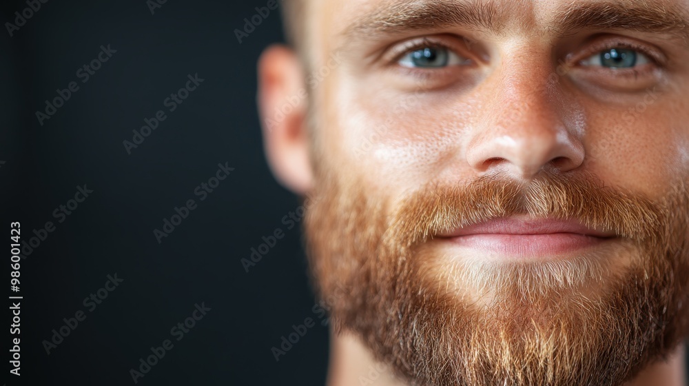 Detailed half-face portrait of a man with a neatly groomed beard and calm, introspective expression, set against a simple, out-of-focus monochromatic background. Detailed half-face portrait of a man with a neatly groomed beard and calm, introspective expression, set against a simple, out-of-focus monochromatic background.