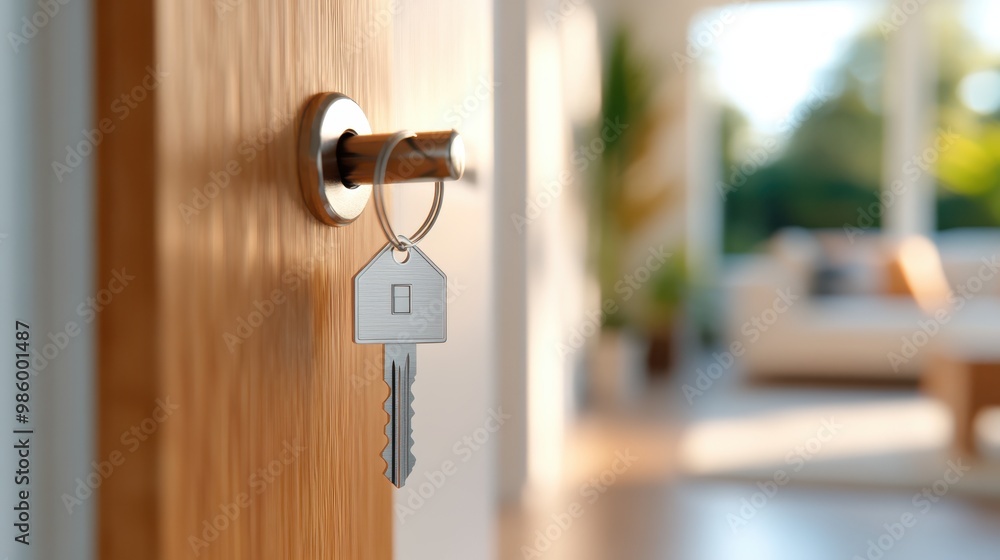 A key inserted in a door lock is the focal point, with a modern living room, bathed in natural light, in the background, representing security and comfort. A key inserted in a door lock is the focal point, with a modern living room, bathed in natural light, in the background, representing security and comfort.