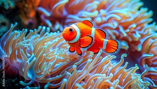 Vibrant underwater oasis with clownfish gracefully navigating through a colorful sea anemone