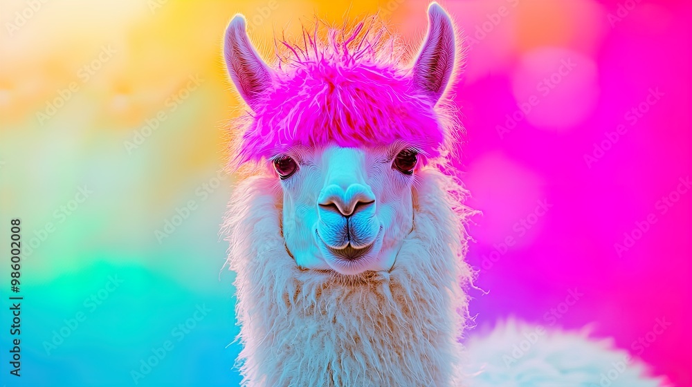 Fototapeta premium Vibrant Quirky Llama with Fluffy Pink Hairstyle: A Perfect Poster for Sports Interiors, Radiating Eccentric Charm and Colorful Personality!