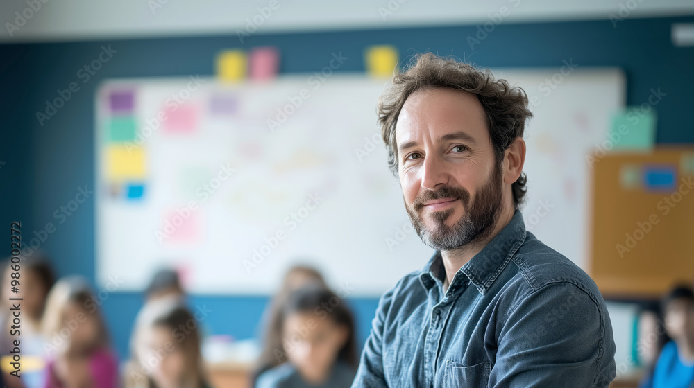 Fototapeta premium teacher with expressive eyes engages students in a dynamic classroom
