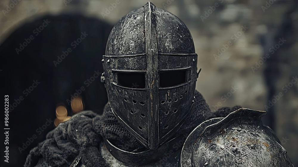 a man in a metal knight's mask. Selective focus a man in a metal knight's mask. Selective focus