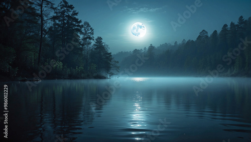 A ghostly figure emerges from a foggy lake under the full moon, casting an eerie glow and a sense of mystery