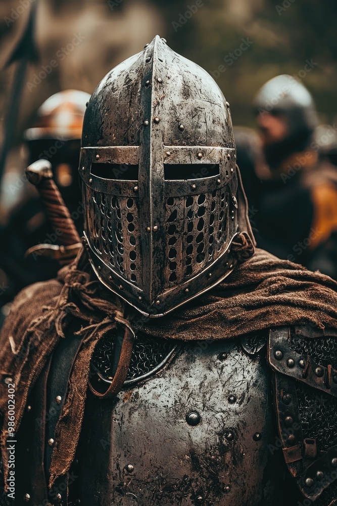 a man in a metal knight's mask. Selective focus a man in a metal knight's mask. Selective focus