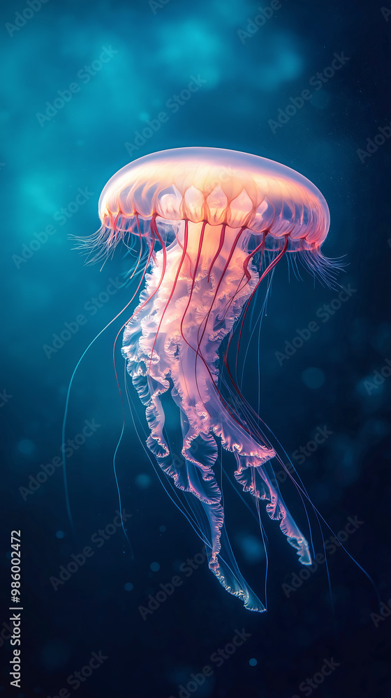 illuminated jellyfish floats gracefully in deep blue water, showcasing its transparent body and delicate tentacles illuminated jellyfish floats gracefully in deep blue water, showcasing its transparent body and delicate tentacles
