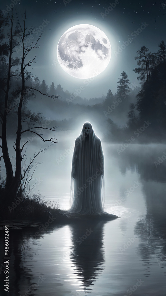 A ghostly figure emerges from a foggy lake under the full moon, casting an eerie glow and a sense of mystery A ghostly figure emerges from a foggy lake under the full moon, casting an eerie glow and a sense of mystery
